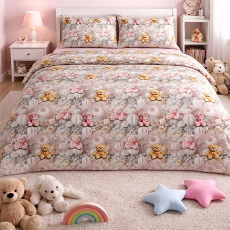 Lenjerie pat dublu ursuleti si baloane din bumbac 100% ranforce 4 piese model pastel roz crem bej