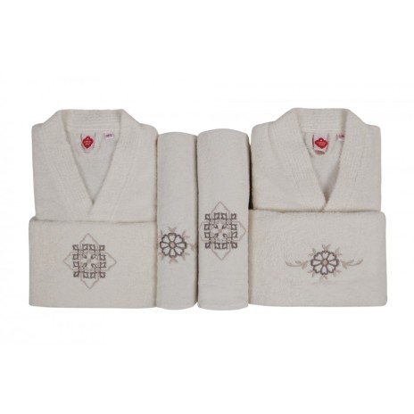 Set matrimonial 100% bumbac, 2 halate baie +4 prosoape  - Crem