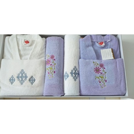 Set matrimonial 2 halate baie +4 prosoape, Alb /Lila decolorat partial