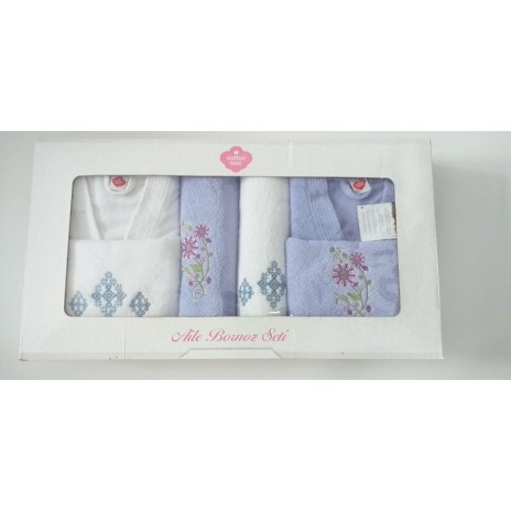 Set matrimonial 2 halate baie +4 prosoape, Alb /Lila decolorat partial