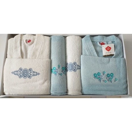 Set matrimonial 2 halate baie +4 prosoape, Mint/Crem decolorat partial