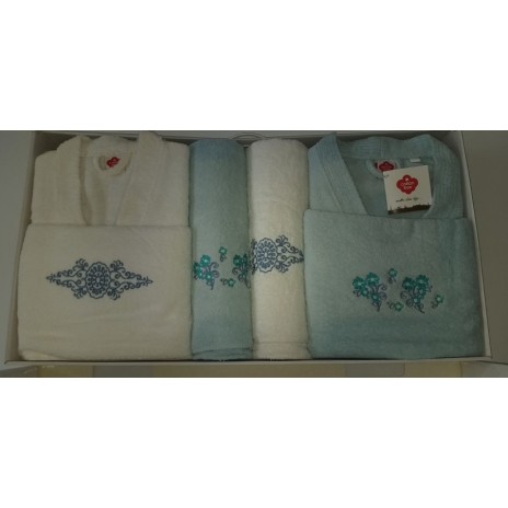 Set matrimonial 2 halate baie +4 prosoape, Mint/Crem decolorat partial