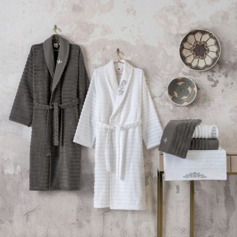 Set matrimonial Genny Cotton Box alb gri, 2 halate si 4 prosoape brodate