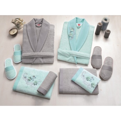 Set matrimonial bambus si bumbac, Cotton Box, Gri/Mint