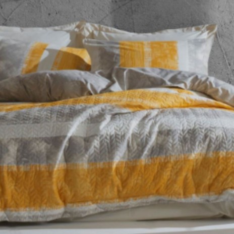 Set pat 4 anotimpuri 1 persoana din bumbac 100% ranforce Cotton Box Liny, cu design modern în dungi galben muștar și gri pe fundal alb – stil urban contemporan