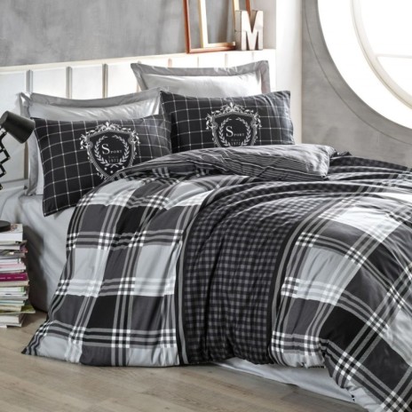 Set pat 4 anotimpuri din bumbac 100% ranforce Cotton Box Ramos, cu imprimeu în carouri gri, alb și negru, și fețe de pernă stil sport – design masculin