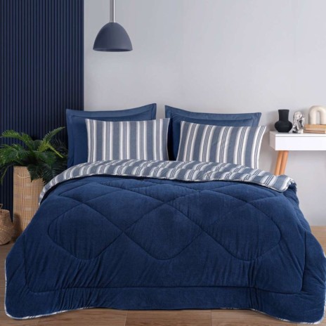 Set dormit pilota iarna pat dublu cu față catifelată Soft Line Albastru