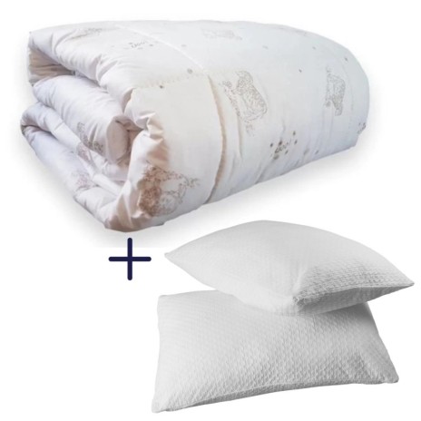 Set pilota Lână iarnă 200x215 cm Ralex Pucioasa cu imprimeu oite și 2 perne silicon antialergic 50x70 cm