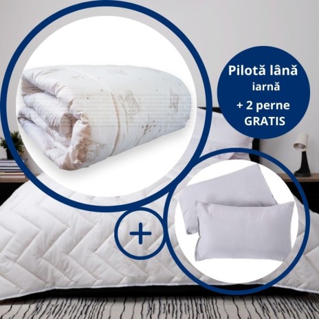 Set pilota Lână iarnă 200x215 cm Ralex Pucioasa cu imprimeu oite și 2 perne silicon antialergic 50x70 cm
