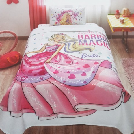 Set pique Disney Barbie Magic, imprimeu roz mov alb cu Barbie în rochie de bal, 3 piese, bumbac.