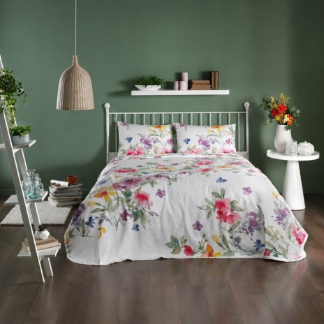 set pique TAC floral multicolor cu flori pastelate bumbac 100 la suta cu cearceaf elastic 160x200 cm