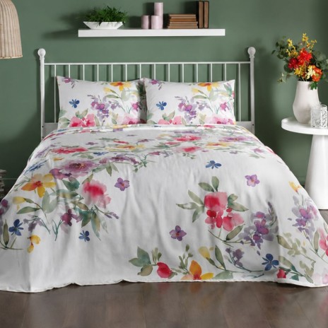 set pique TAC floral multicolor cu flori pastelate bumbac 100 la suta cu cearceaf elastic 160x200 cm