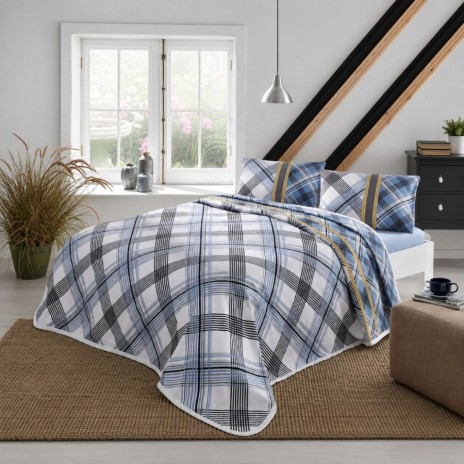 set pique TAC bumbac 100 la suta cu model carouri bleu gri si accente galben mustar