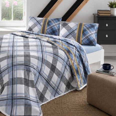 set pique TAC bumbac 100 la suta cu model carouri bleu gri si accente galben mustar