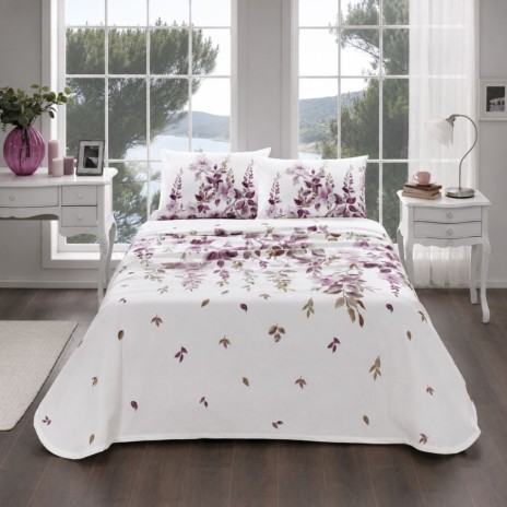 set pique TAC Galinda bumbac 100 la suta cu imprimeu floral mov si lila pe fond alb