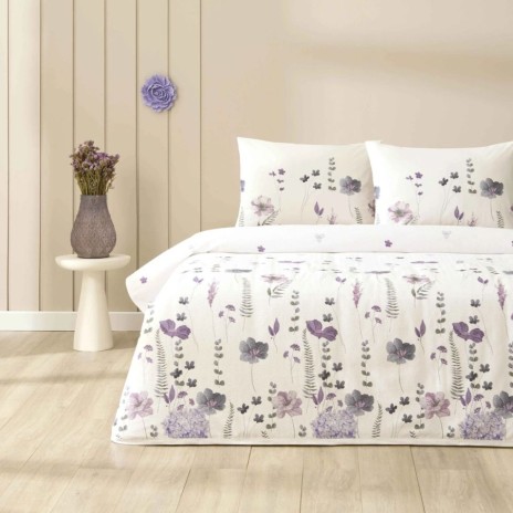 set pique TAC Roselith bumbac 100 cu imprimeu floral mov lila si gri pe fond alb