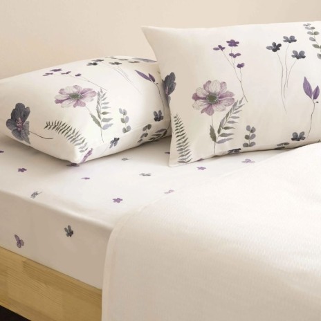 set pique TAC Roselith bumbac 100 cu imprimeu floral mov lila si gri pe fond alb