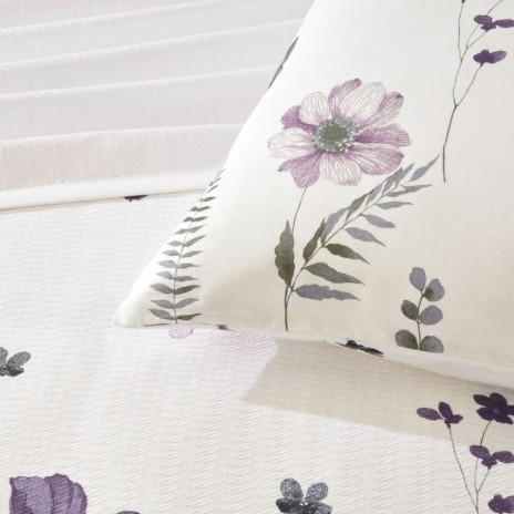 set pique TAC Roselith bumbac 100 cu imprimeu floral mov lila si gri pe fond alb