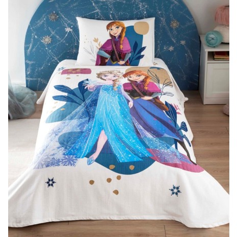 Set pique Disney Frozen Forest, bumbac 100%, model Anna și Elsa în nuanțe de albastru și mov.
