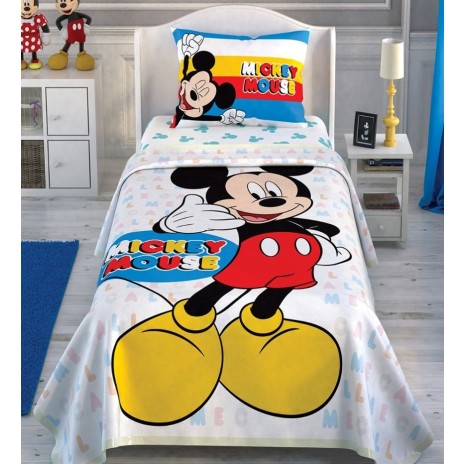 Set pique Lenjerie si Cuvertura bumbac 100%, Disney Mickey