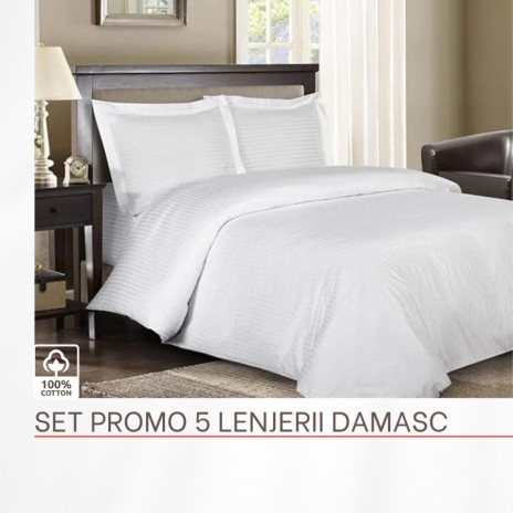 Set promo 5 Lenjerii damasc BBC100% cu elastic saltea 160x200cm, Alb