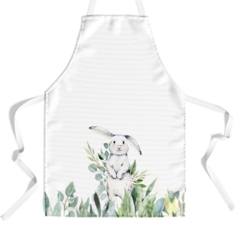 Sort de bucătărie Gizmo din bumbac 100% cu un iepuraș adorabil printre frunze verzi, perfect pentru decorul festiv de Paște.