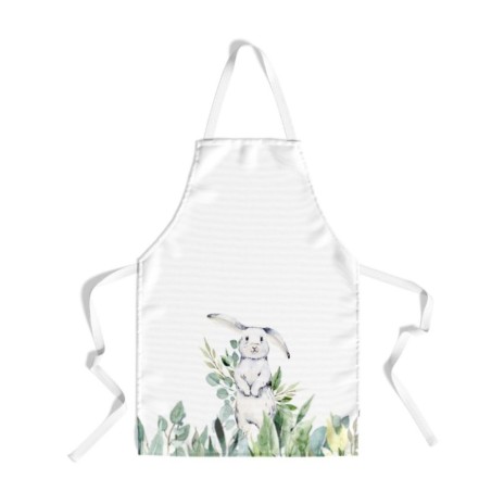 Sort de bucătărie Gizmo din bumbac 100% cu un iepuraș adorabil printre frunze verzi, perfect pentru decorul festiv de Paște.