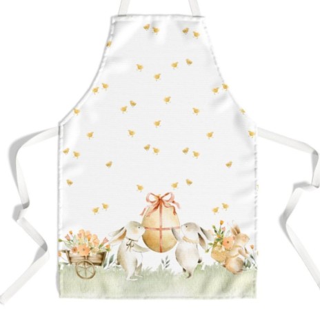 Sort de bucătărie Londy din bumbac 100% cu iepurași adorabili purtând un ou de Paște, decorat cu flori și puișori aurii pe fundal alb.