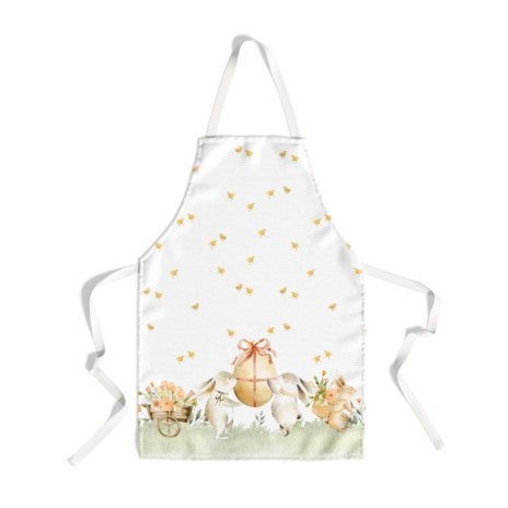 Sort de bucătărie Londy din bumbac 100% cu iepurași adorabili purtând un ou de Paște, decorat cu flori și puișori aurii pe fundal alb.