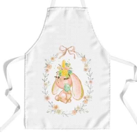 Șorț de bucătărie cu design primăvăratic, ilustrând un iepuraș cu coroniță florală, ideal pentru sărbătorile de Paște
