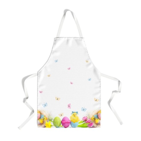 Sort de bucătărie Tantra din bumbac 100% cu model festiv de Paște, decorat cu ouă colorate, flori, puișor și fluturi.