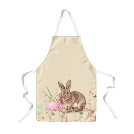 Sort de bucătărie Maddi din bumbac 100%, cu iepuraș realist, ou decorativ roz și crenguțe pe fundal bej cu detalii florale discrete.