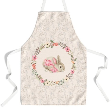 Sort de bucătărie Cena din bumbac 100% cu un iepuraș adorabil și coroniță florală pe fundal bej cu motive vegetale discrete.