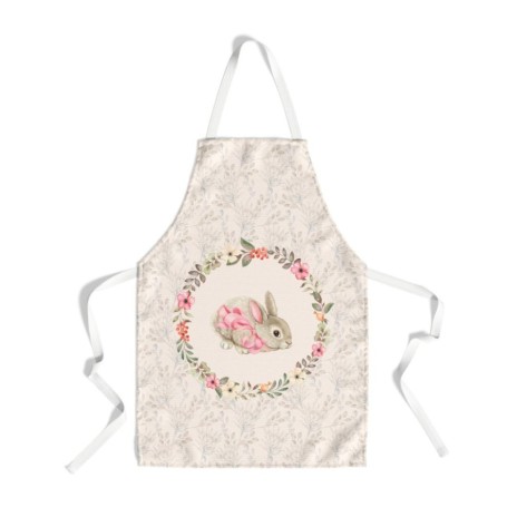 Sort de bucătărie Cena din bumbac 100% cu un iepuraș adorabil și coroniță florală pe fundal bej cu motive vegetale discrete.