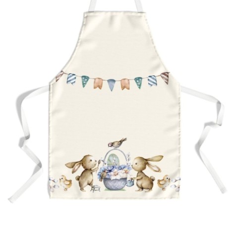 Sort de bucătărie Feta din bumbac 100% cu iepurași, puișori și coș festiv cu flori și ouă de Paște, decorat cu o ghirlandă colorată.