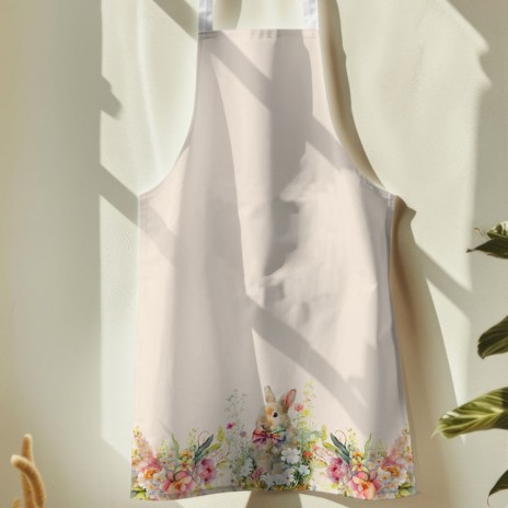 Sort de bucătărie Vinca din bumbac 100%, cu iepuraș adorabil și flori pastelate, ideal pentru un decor festiv de Paște