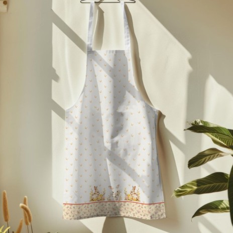 Sort de bucătărie Ginny din bumbac 100%, decorat cu iepurași și flori delicate, ideal pentru un decor festiv de Paște.
