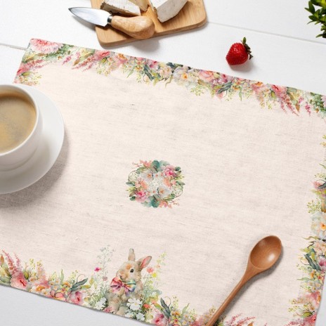 Set 4 suporturi farfurie din bumbac 100% pentru Paște, model cu iepurași și flori colorate, ideal pentru un decor festiv elegant