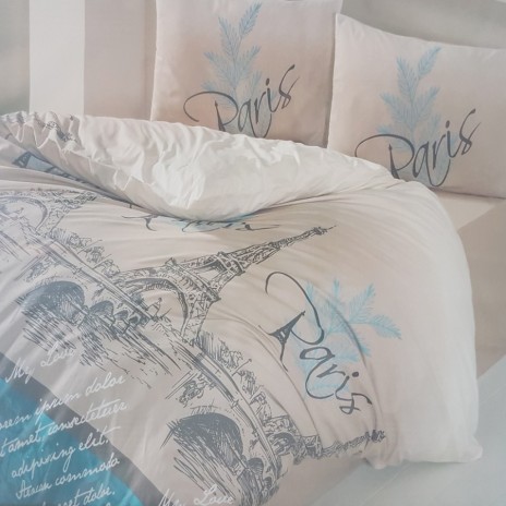 Lenjerie de pat Paris din bumbac ranforce cu design elegant inspirat de Paris bej și albastru deschis