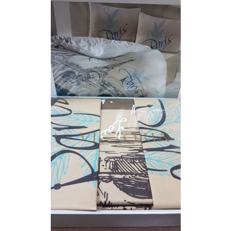 Lenjerie de pat Paris din bumbac ranforce cu design elegant inspirat de Paris bej și albastru deschis