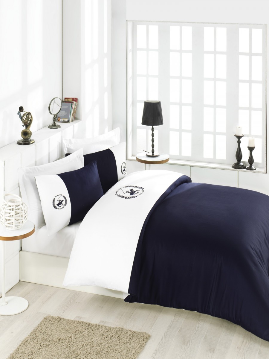 . basic Perceive Lenjerie pat pentru 2 persoane Beverly Hills Polo Club, bumbac satinat, cod 106 - White, Dark Blue . basic Perceive Lenjerie pat pentru 2 persoane Beverly Hills Polo Club, bumbac satinat, cod 106 - White, Dark Blue
