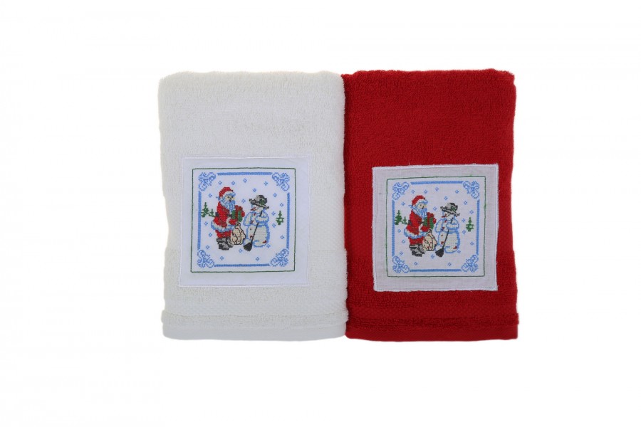 Bahar Tekstil® Set 2 prosoape de baie Craciun, 50x100 cm, Bahar, Alb-Rosu