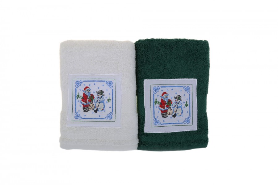 Bahar Tekstil® Set 2 prosoape de baie Craciun, 50x100 cm, Bahar, Alb-Verde