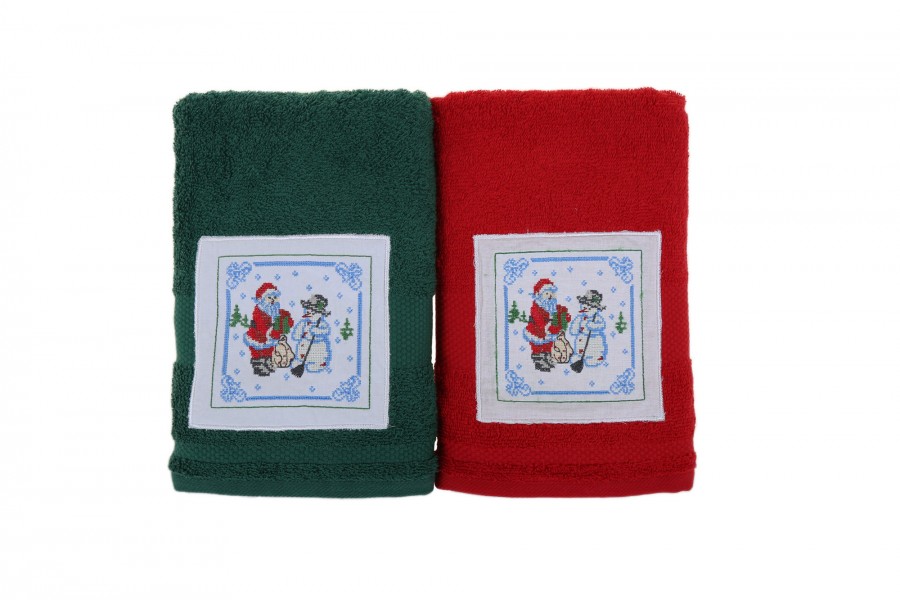 Bahar Tekstil® Set 2 prosoape de baie Craciun, 50x100 cm, Bahar, Rosu-Verde